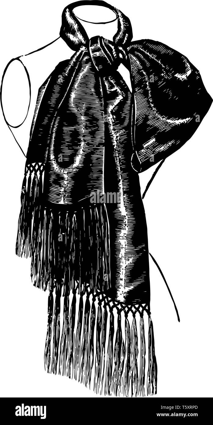 Schal mit Fransen an den Enden konzipiert und ist rund um die hals, vintage Strichzeichnung oder Gravur Abbildung gebunden. Stock Vektor