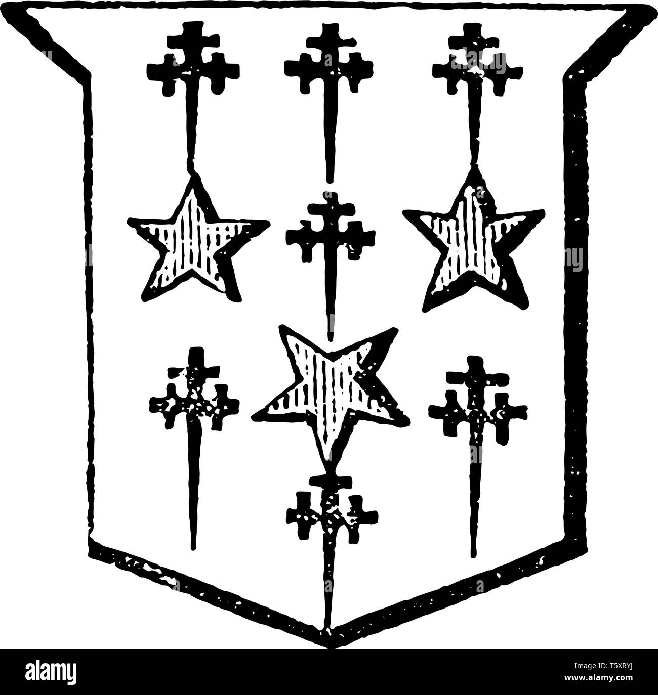 Meeräschen und Kreuz Crosslets sind Teil des einen Schild zwischen der Häuptling und der Base, vintage Strichzeichnung oder Gravur Abbildung. Stock Vektor
