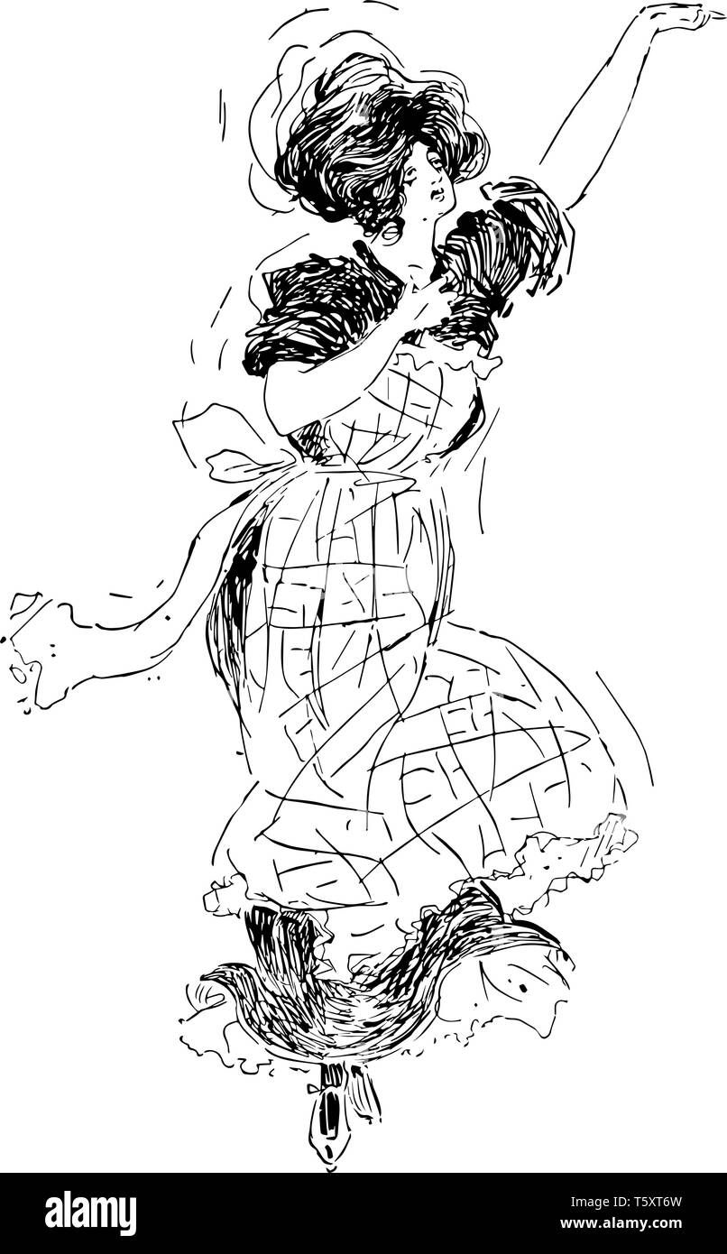 Frau Tanzen ist kompliziert in der fesselnden und süsse Dame vermutlich unten an Bruno erschossen in der Nacht, vintage Strichzeichnung oder Gravur illustra Stock Vektor