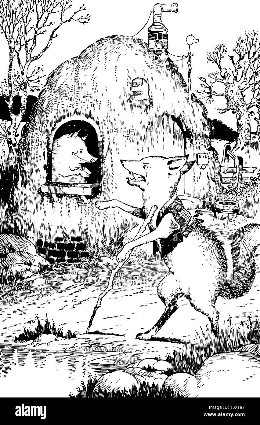 Der Wolf stand vor der Heu ist ein Schwein Hütte und Schwein in der Fenster, vintage Strichzeichnung oder Gravur Abbildung Stock Vektor