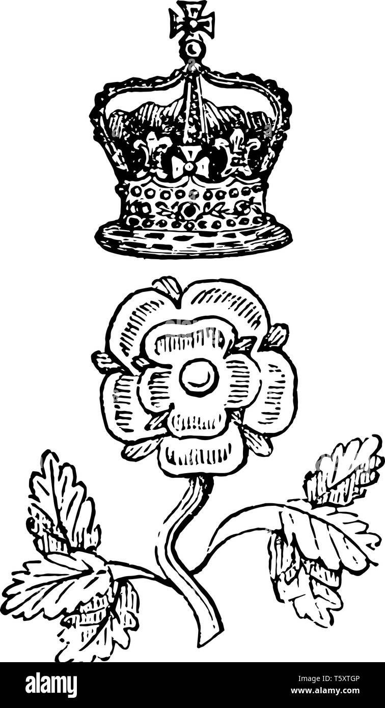 Rose und Crown Badge ist ein Erkennungszeichen von Bediensteten getragen, vintage Strichzeichnung oder Gravur Abbildung. Stock Vektor
