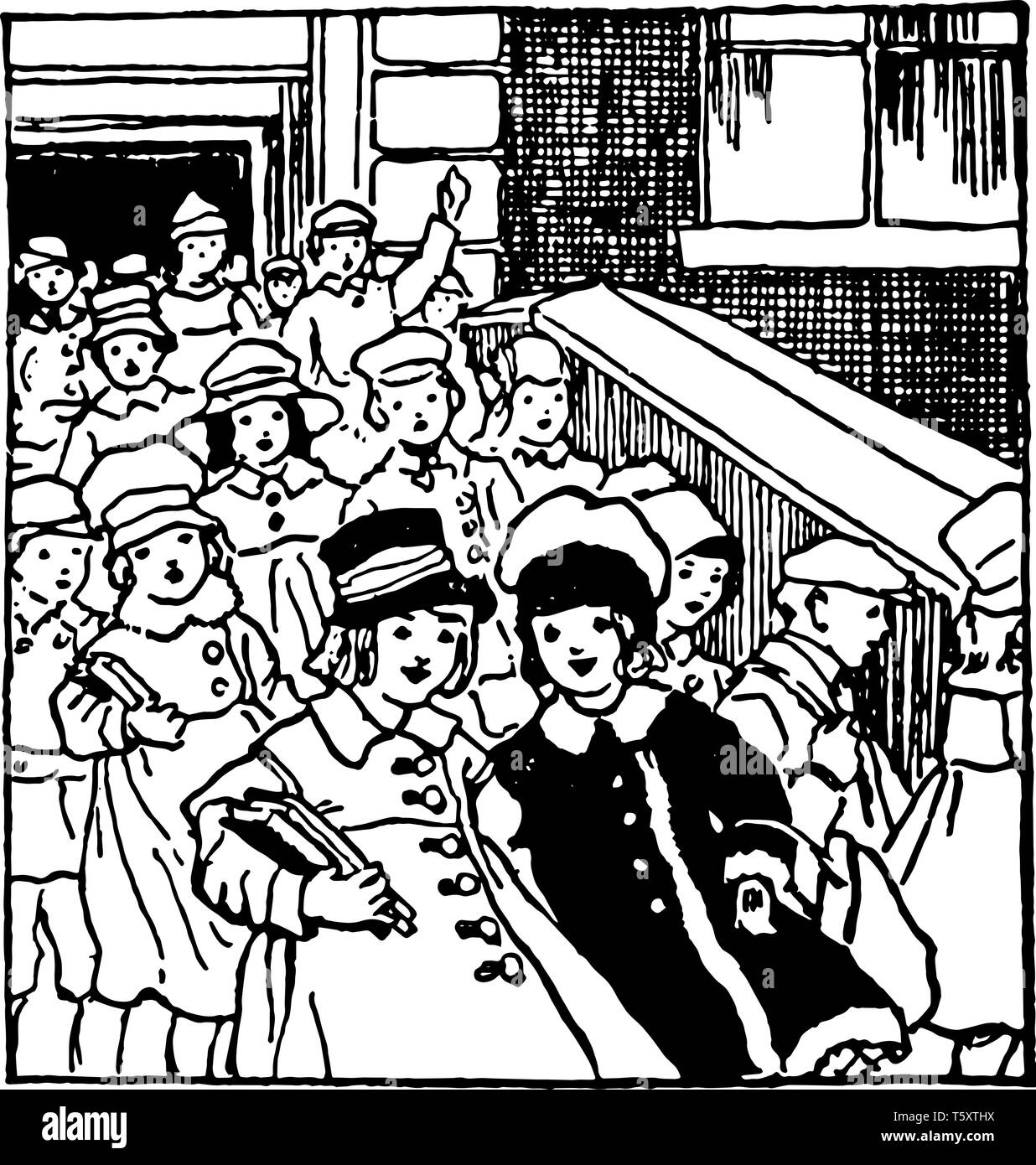 Kinder die Schule verlassen, in einer großen Gruppe oder Escuela, Frauen, Mädchen, Kinder, Männer, ninos, Schulgebäude, vintage Strichzeichnung oder Gravur illustrati Stock Vektor