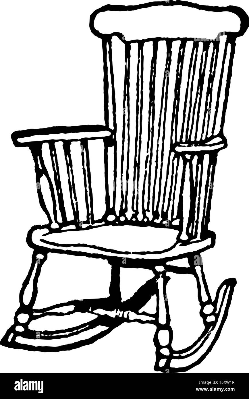 Schaukelstuhl mit geschwungenen hölzernen Balken auf jeder Seite zwischen die Beine, vintage Strichzeichnung oder Gravur Abbildung Stock Vektor