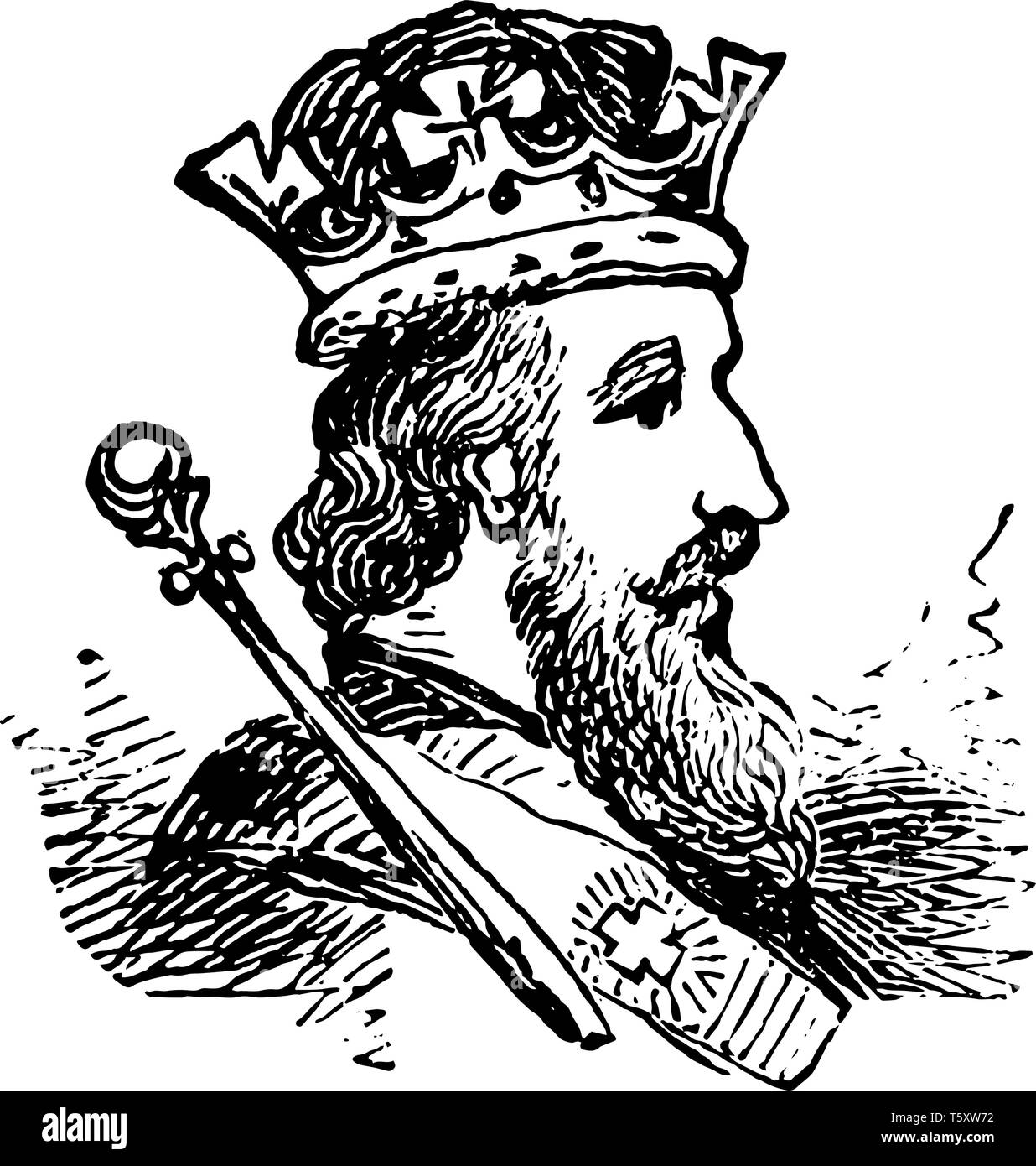 Ein erwachsener Mann König mit Krone in diesem Bild, vintage Strichzeichnung oder Gravur Abbildung. Stock Vektor
