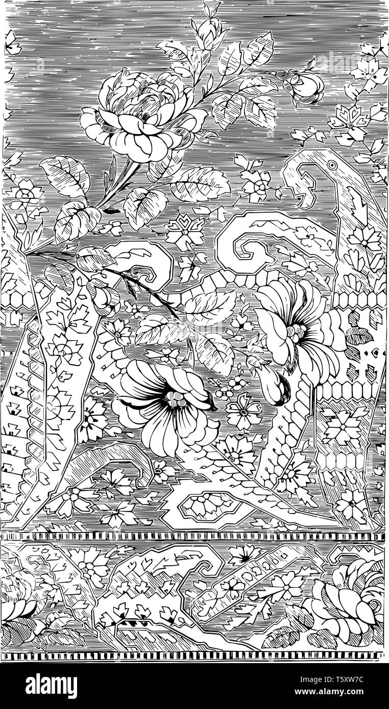 Seidenschal wurde in Frankreich entwickelt, hat es eine florale Muster, die sowohl im UN-naturalistischen und naturalistische Stile, vintage Strichzeichnung oder engrav Stock Vektor