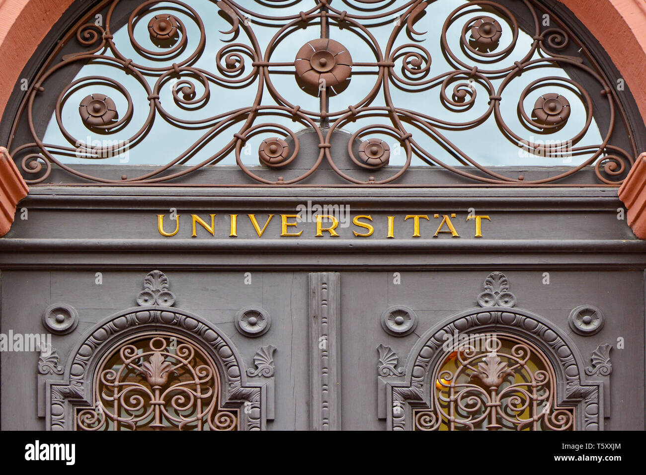 Barocke Tür der alten Gebäude im Stadtzentrum mit goldenen Buchstaben mit deutschen Wort für Universität, die jetzt als Konferenz- und Veranstaltungssaal verwendet wird Stockfoto