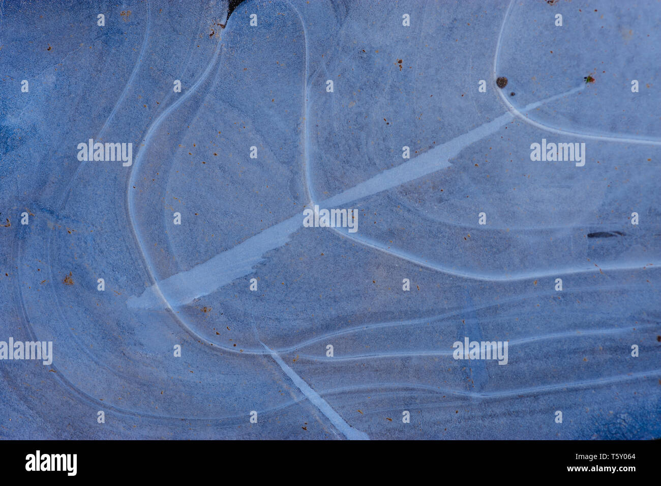 Detail einer gefrorenen Pfütze eingefangen An einem frostigen Wintermorgen zeigt abstrakte Formen und Muster der eisigen Strukturen in Weiß und Blau Stockfoto