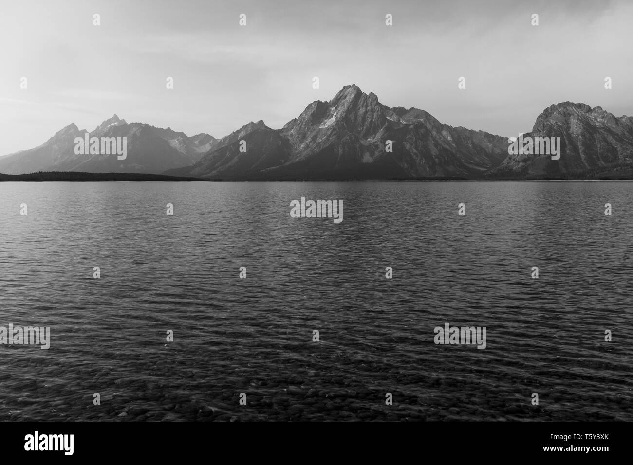 Die beeindruckende Grand Teton National Park. Hermitage Punkt Blick über Jackson Lake mit der Grand Tetons in der Nähe von Moran, USA, Wyoming in Schwarz und Weiß, n Stockfoto