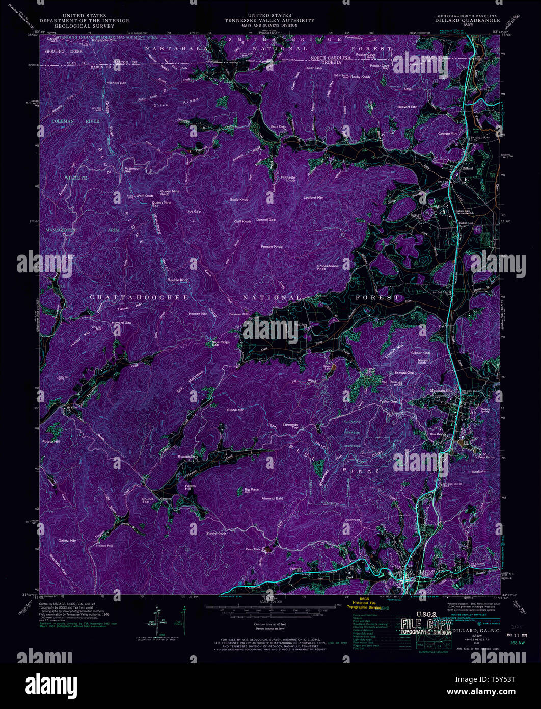 USGS TOPO Karte Georgia ga Dillard 245539 1946 24000 invertiert Wiederherstellung Stockfoto