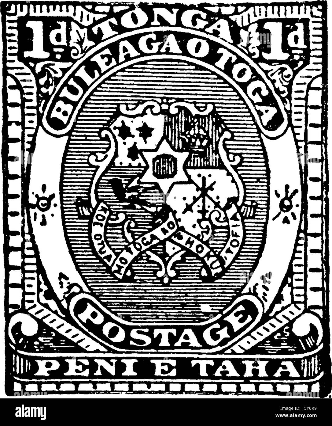 Diese Abbildung stellt Tonga 1d Stempel 1893, vintage Strichzeichnung oder Gravur Abbildung. Stock Vektor