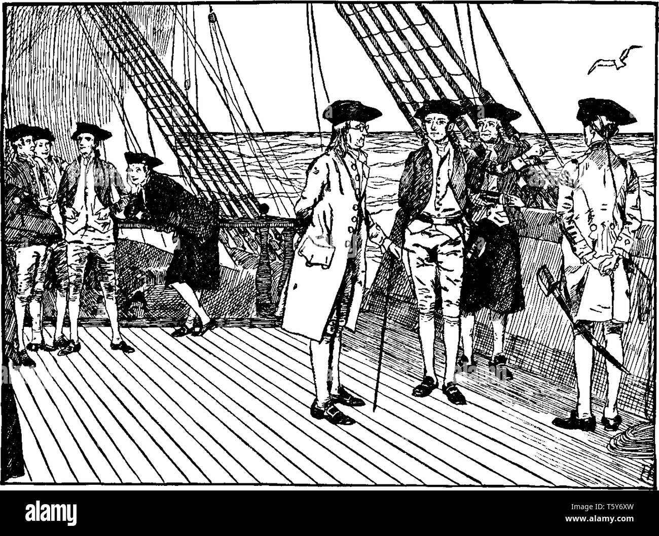 Benjamin Franklin auf einem Schiff auf dem Weg nach Frankreich., vintage Strichzeichnung oder Gravur Abbildung. Stock Vektor