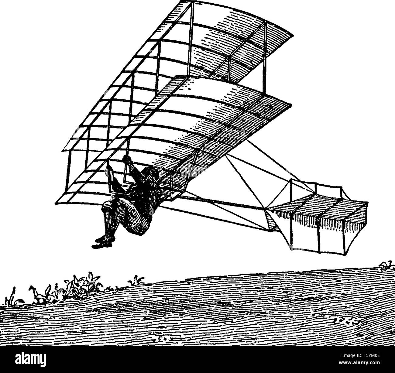 Doppeldecker Gleiten von Chanute entwickelt wurde sein größter Erfolg auf dem Gebiet der Luftfahrt, vintage Strichzeichnung oder Gravur illustrati Stock Vektor