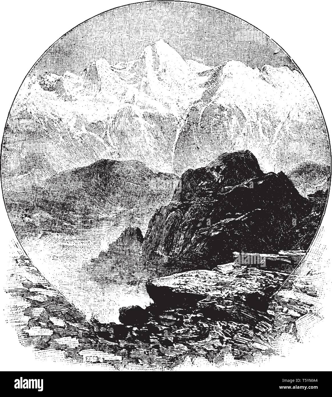 Himalaya, der die höchsten Berge der Welt aufstieg abrupt die Ebenen des nördlichen Hindustan, vintage Strichzeichnung Form oder Gravur Stock Vektor