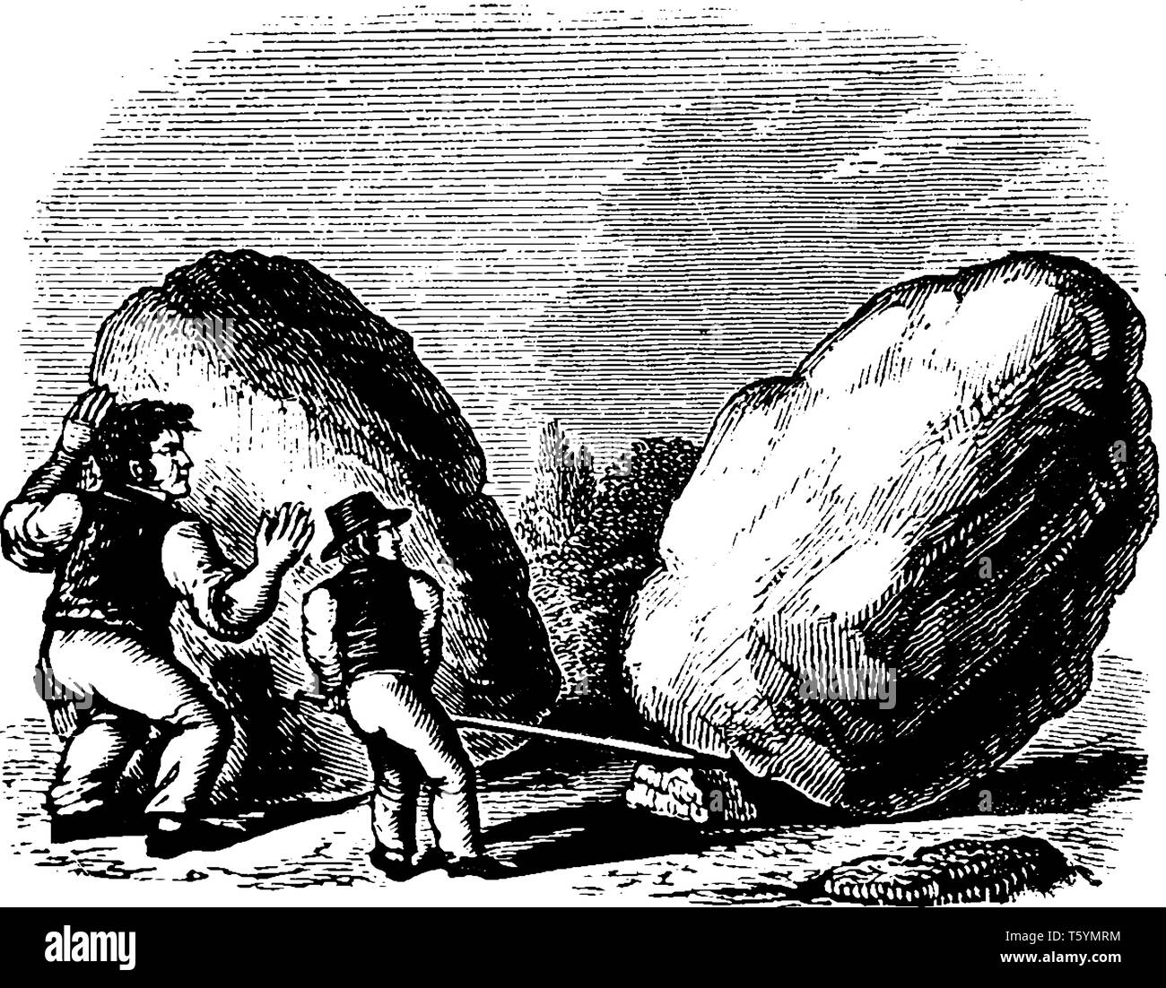 Zwei Männer, zwei große Felsen, vintage Strichzeichnung oder Gravur Abbildung Stock Vektor