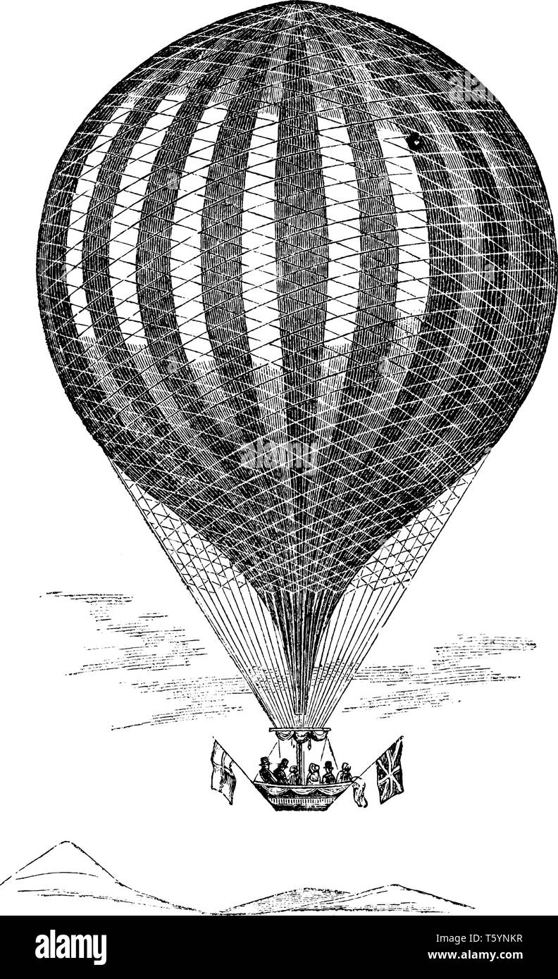 Vauxhall Ballon ist ein Heißluftballon von Charles Green erfunden verwendet von London nach Weilburg, vintage Strichzeichnung oder Gravur Abbildung zu reisen Stock Vektor