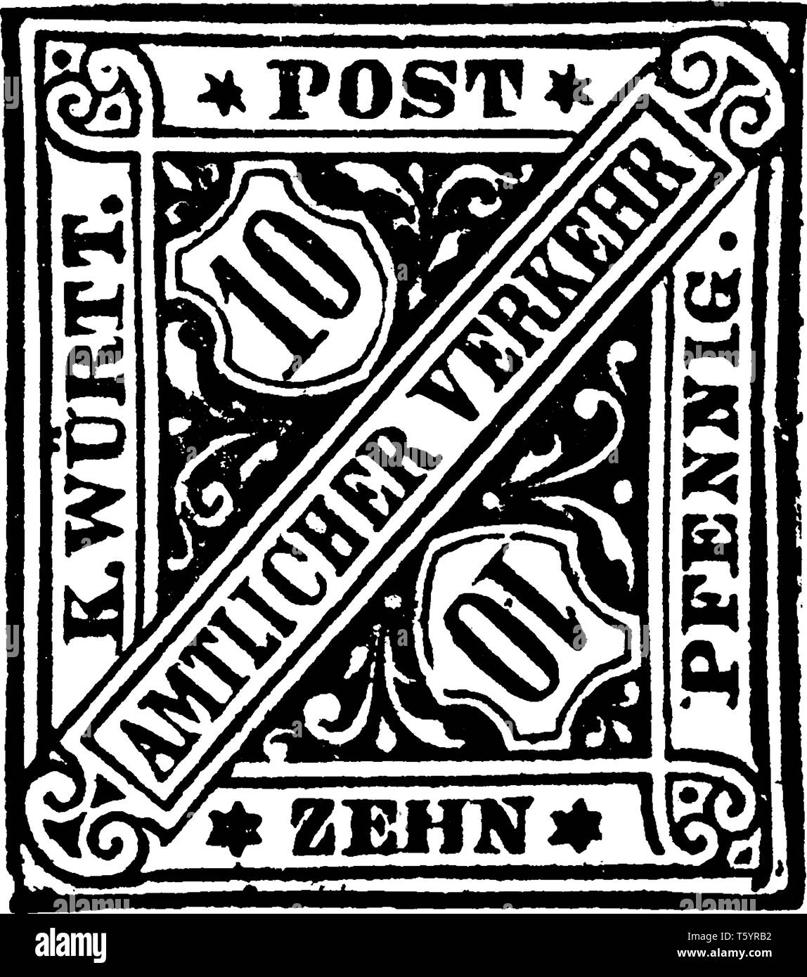 Wrtemberg zehn Pfennig Stempel 1881, das ein ausländischer Beamter Porto, vintage Strichzeichnung oder Gravur Abbildung. Stock Vektor