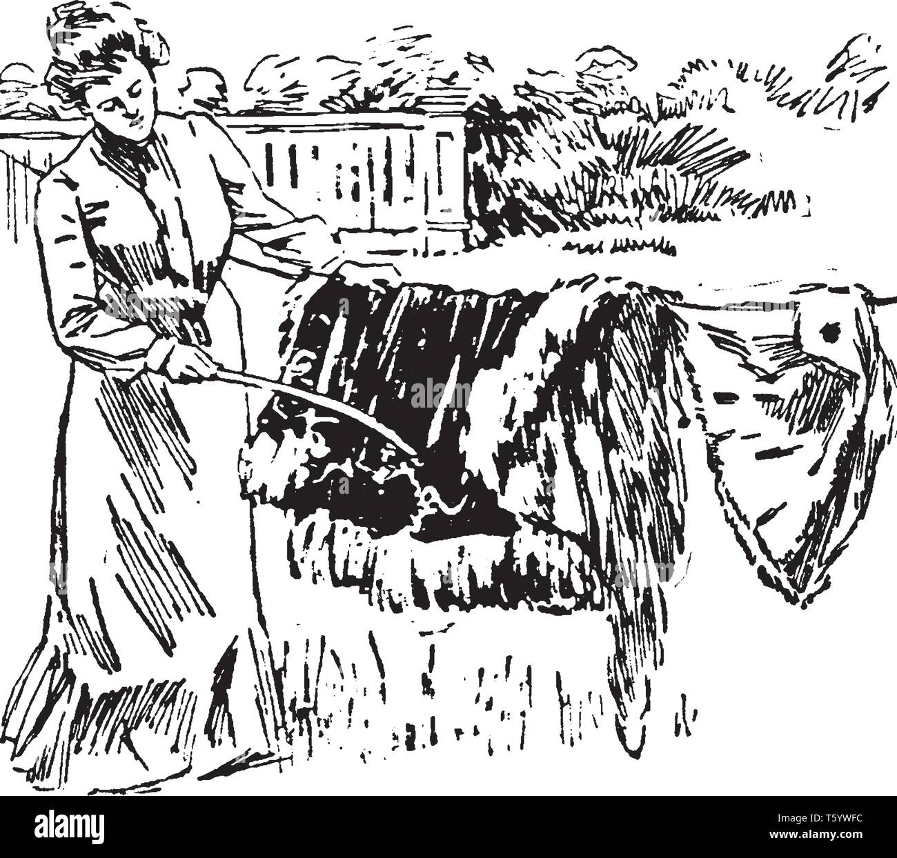 Eine Frau schlug Fell mit einem Gummischlauch, vintage Strichzeichnung oder Gravur Abbildung Stock Vektor