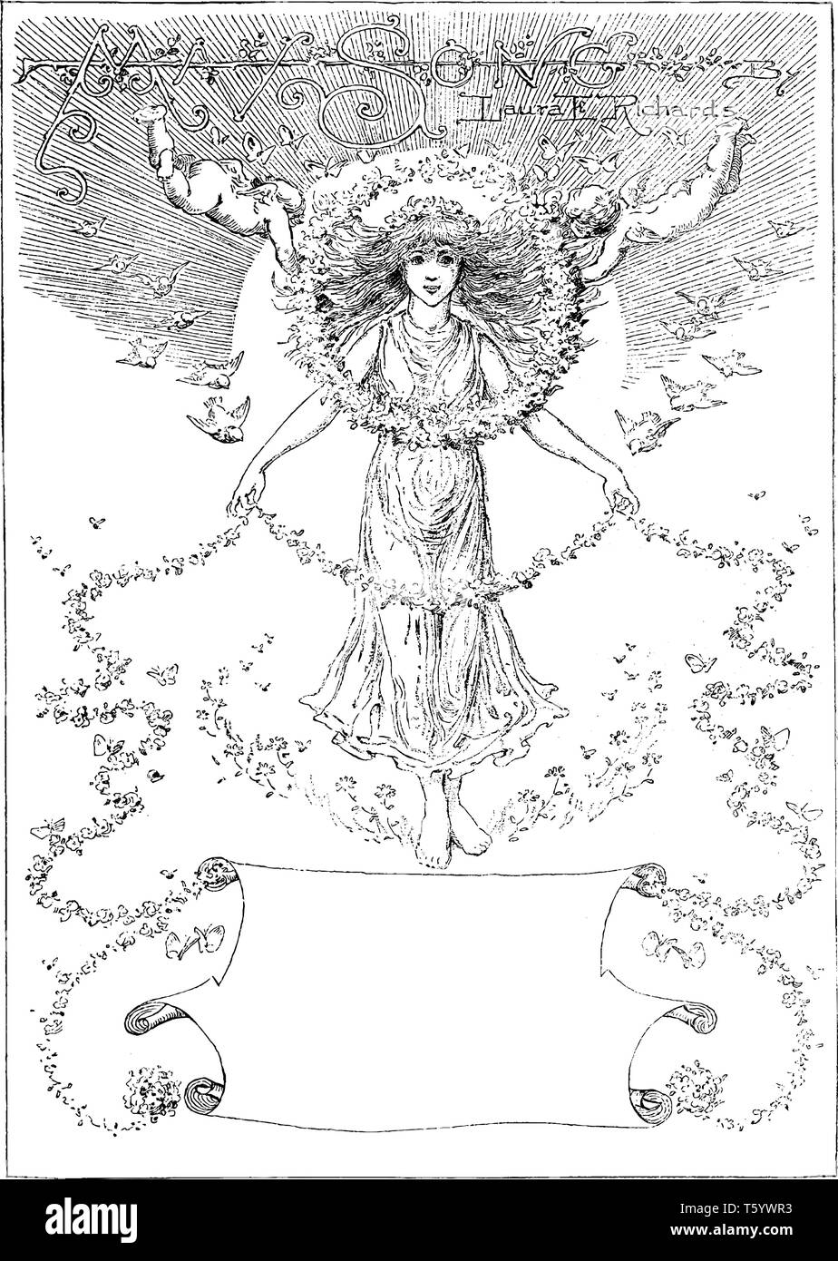 Ein Engel Frau mit Blumenkranz durch zwei Baby Engel, vintage Strichzeichnung oder Gravur Abbildung umgeben Stock Vektor