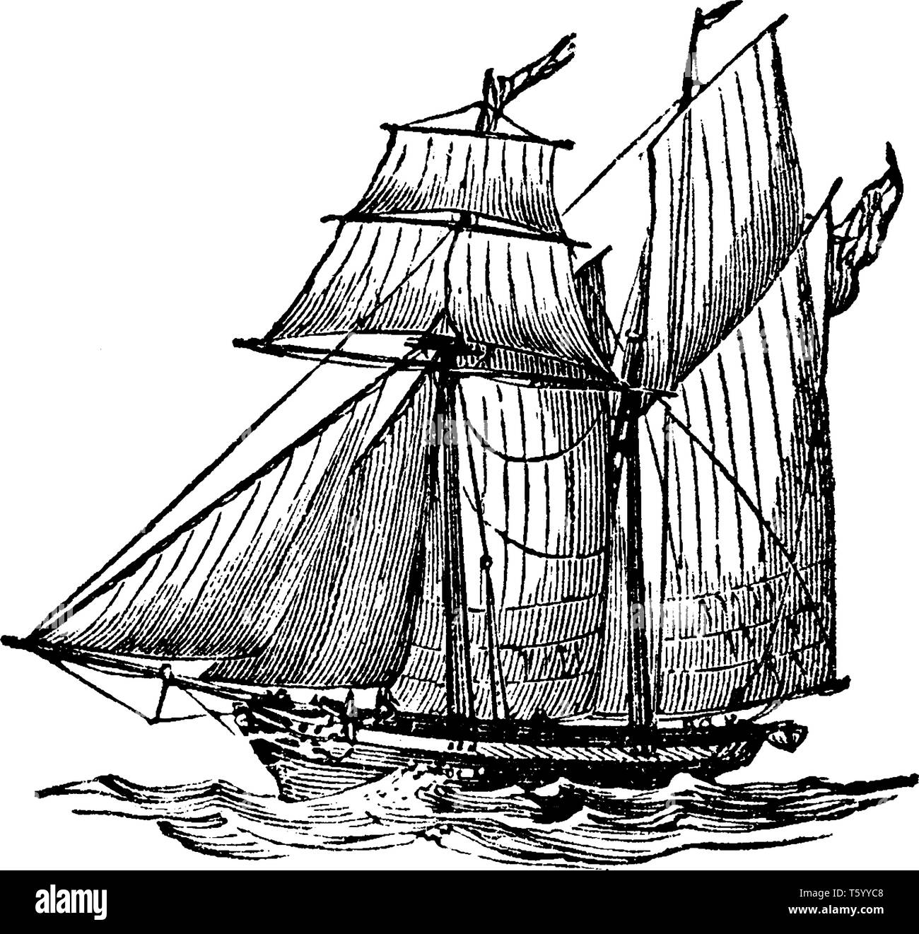 Schooner Ship ist ein kleines schnelles Segeln scharfe gebaute Schiff mit einer Masse von zwei und die Direktion Segel der Haspelhorizontalverstellung Typ, vintage Strichzeichnung oder engr Stock Vektor