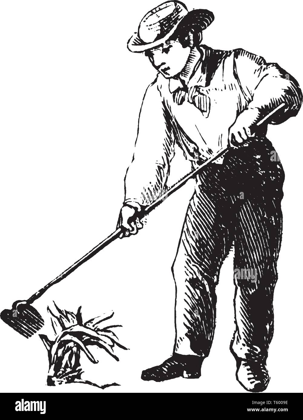 Ein Junge Hacken einen Garten, vintage Strichzeichnung oder Gravur Abbildung Stock Vektor