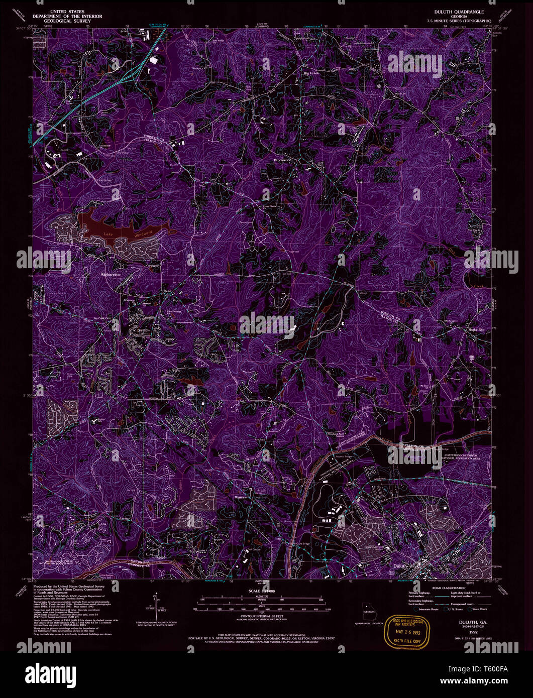 USGS TOPO Karte Georgia ga Duluth 245599 1992 24000 invertiert Wiederherstellung Stockfoto