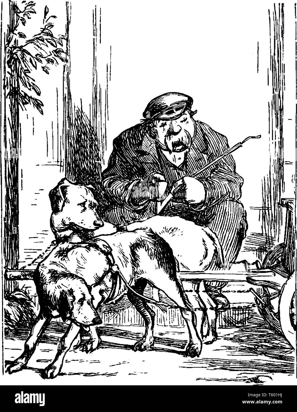 Ein Mann sitzt mit zwei Hunden, die bei ihm standen, vintage Strichzeichnung oder Gravur Abbildung Stock Vektor
