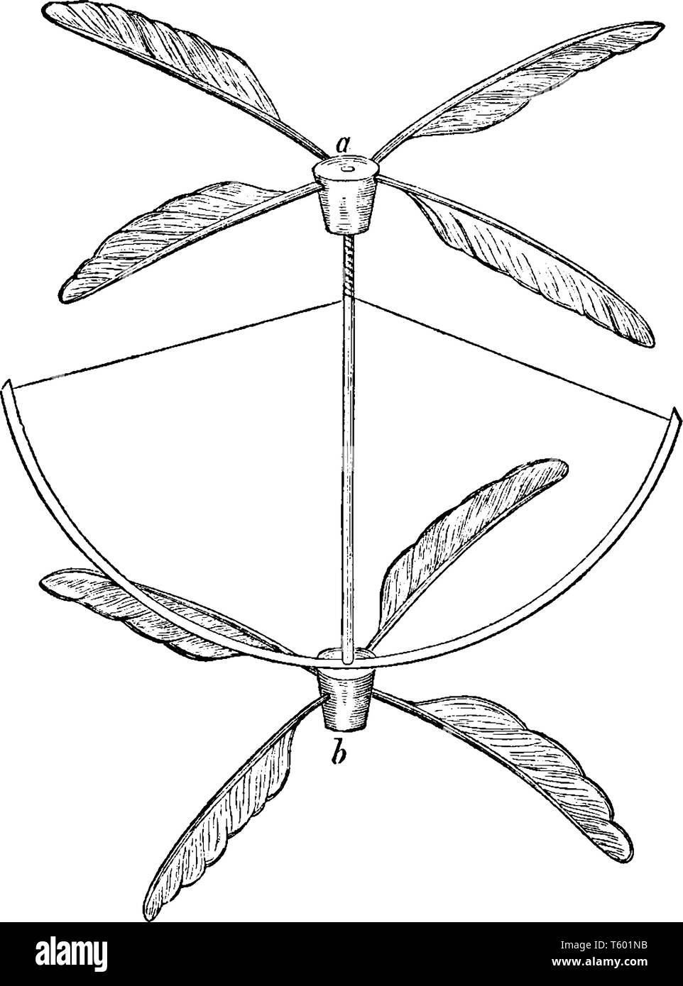 Cayley Antenne Schraube ist ein frühes Modell des Hubschraubers, vintage Strichzeichnung oder Gravur Abbildung. Stock Vektor