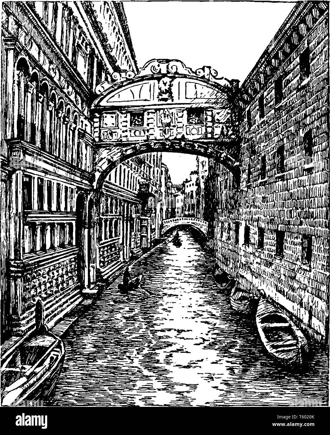 Seufzerbrücke ist eine Brücke in Venedig in Norditalien befindet und den beiliegenden Brücke ist aus weissem Kalkstein, vintage Strichzeichnung oder Gravur krank Stock Vektor