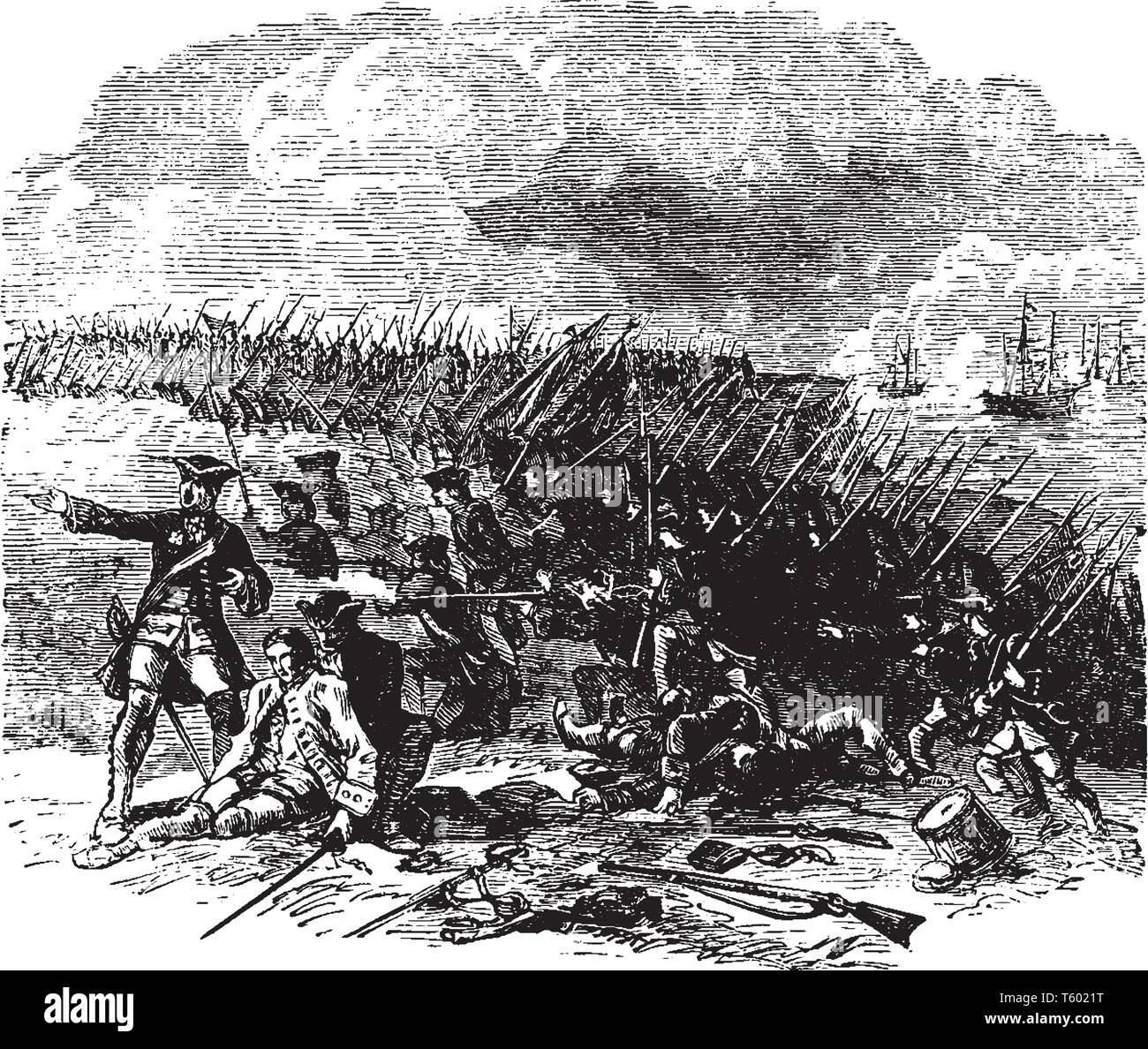 Schlacht von Abraham Höhen, Krieg zwischen Frankreich und Indien, Vintage Strichzeichnung oder Gravur Abbildung. Stock Vektor