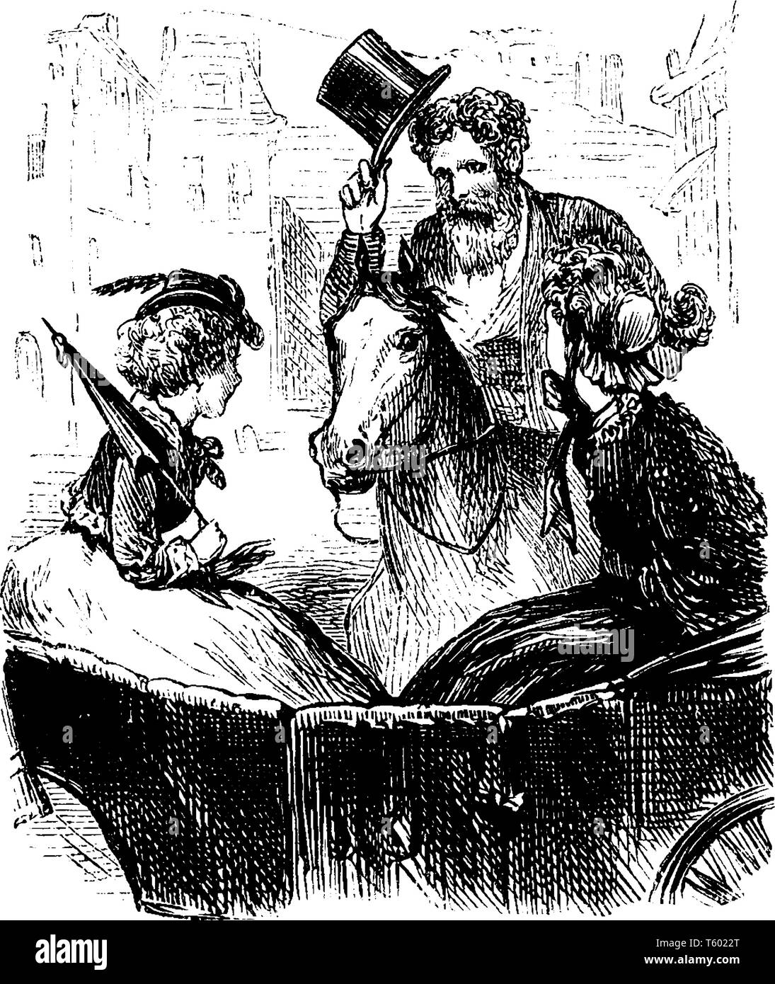 Ein Mann reiten auf Pferd und zwei Frauen im Schlitten sitzen, vintage