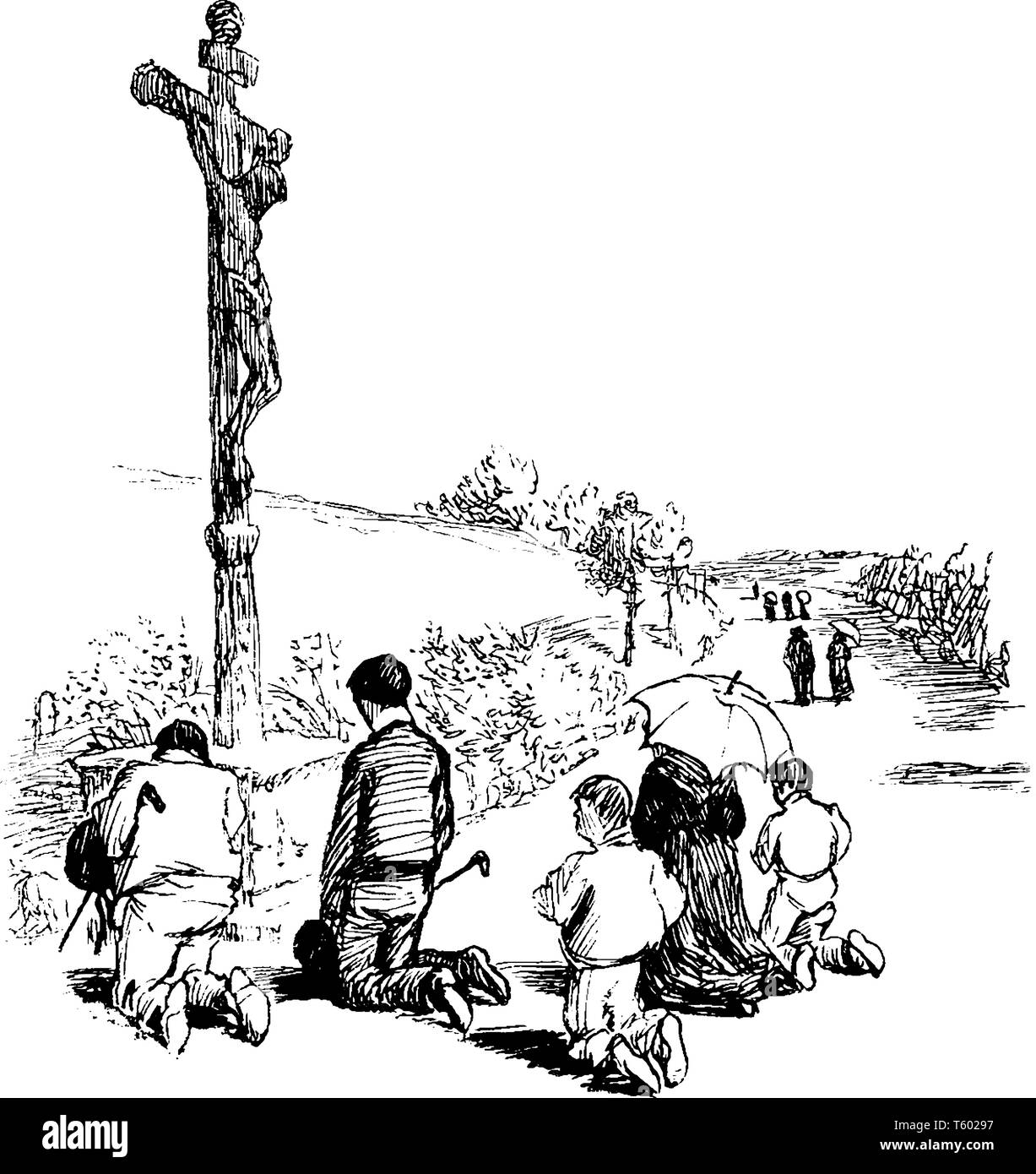 Gruppe von Menschen vor Kreuz kniend, vintage Strichzeichnung oder Gravur Abbildung Stock Vektor