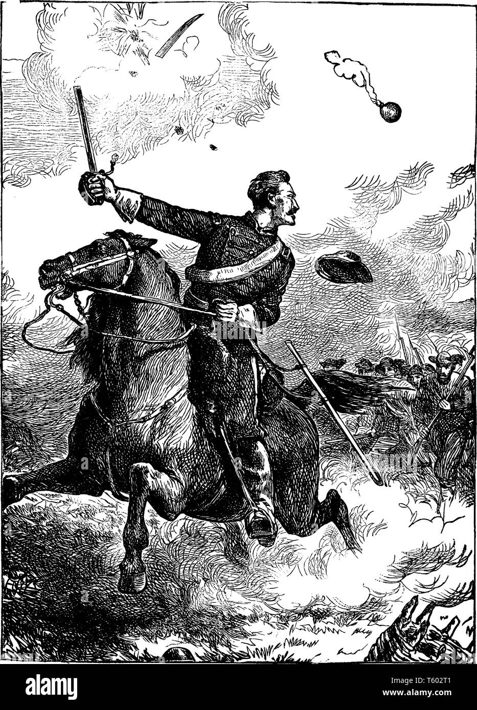 Ein Soldat führenden eine Gebühr auf Pferd, vintage Strichzeichnung oder Gravur Abbildung Stock Vektor
