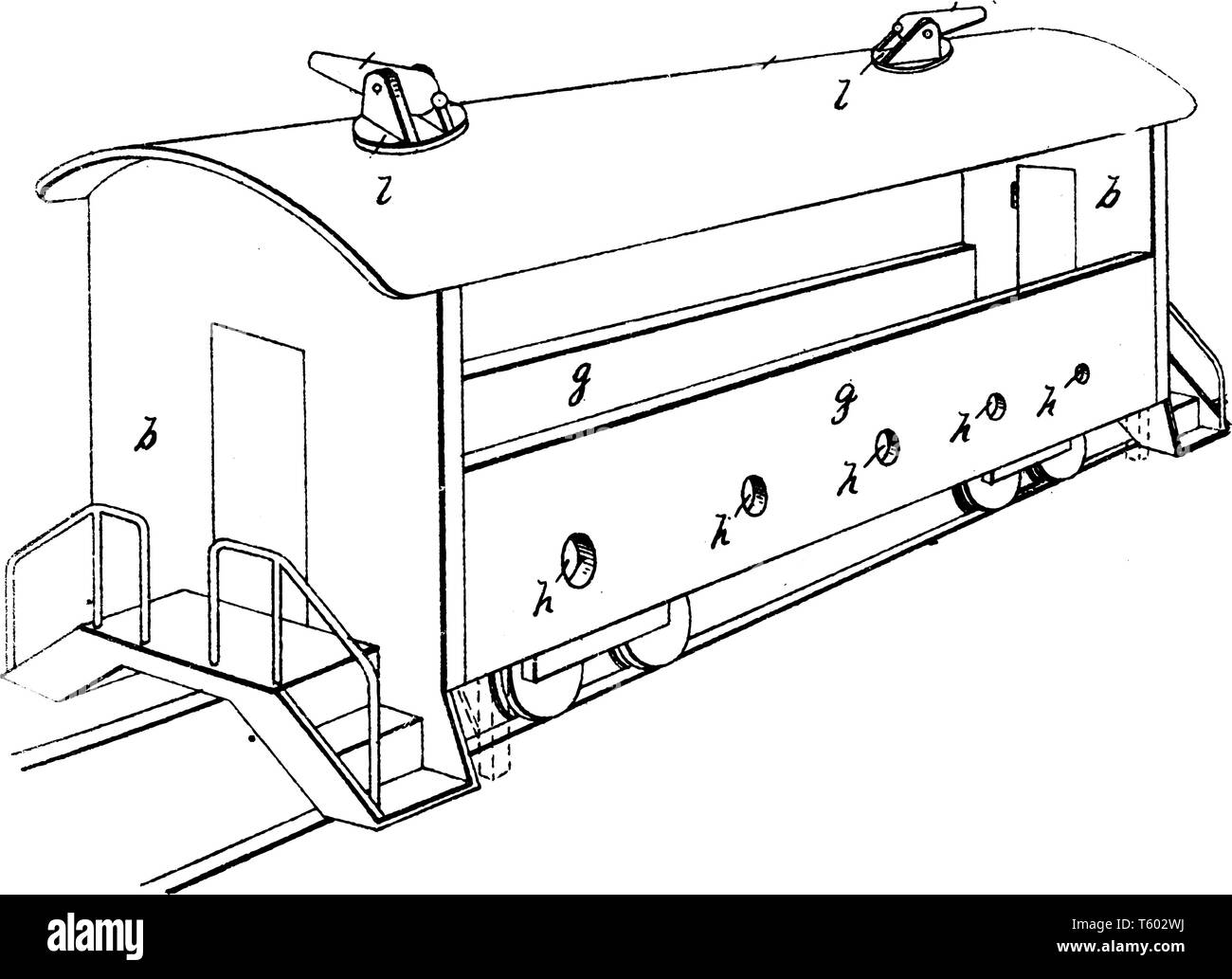 Militärische Waggon mit Artillerie und Maschinengewehren bewaffnet, vintage Strichzeichnung oder Gravur Abbildung. Stock Vektor