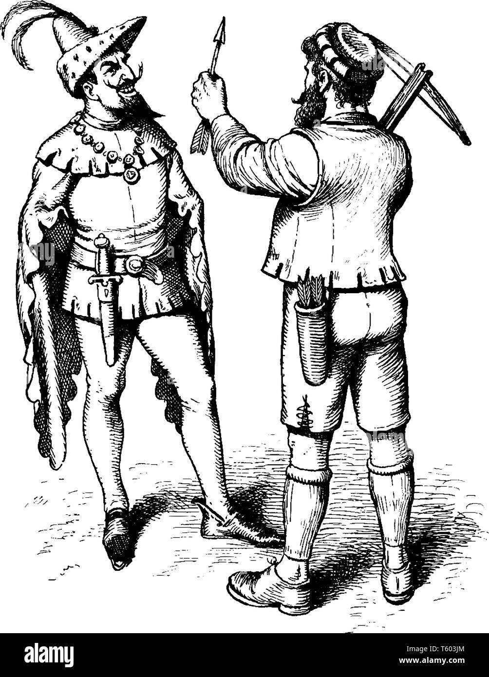 Zwei Männer in Renaissance Kleidung miteinander sprechen, vintage Strichzeichnung oder Gravur Abbildung Stock Vektor