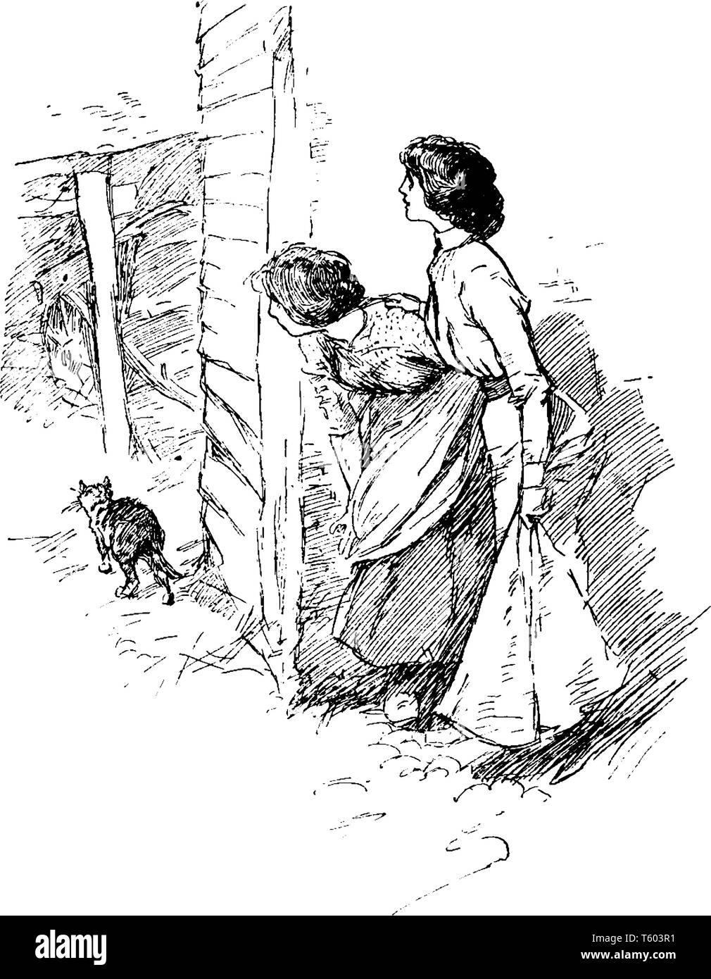 Zwei Frauen peeking um eine Ecke von Haus und Katze wandern, vintage Strichzeichnung oder Gravur Abbildung Stock Vektor