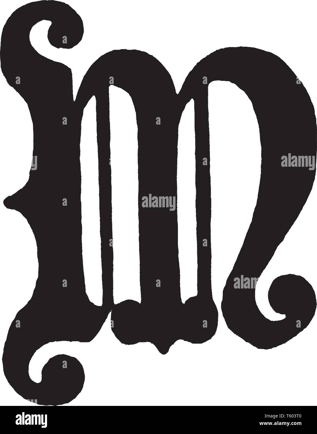 Ein Buchstabe M im mittelalterlichen Schriftzug, vintage Strichzeichnung oder Gravur Abbildung Stock Vektor