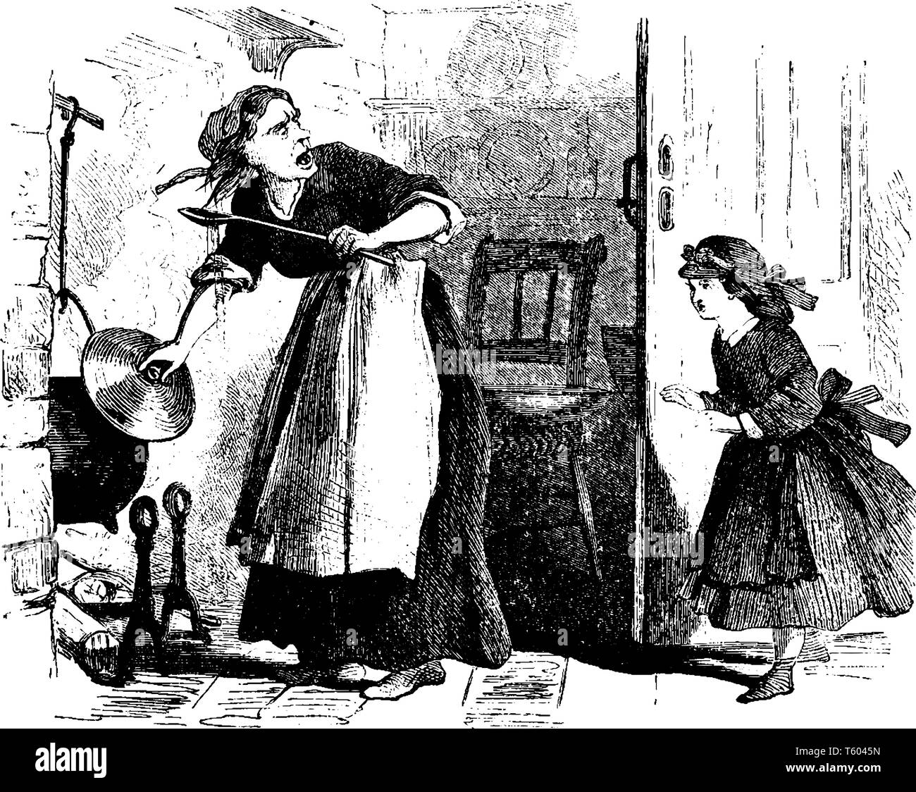 Eine Frau kochen, während Kind schreien, vintage Strichzeichnung oder Gravur Abbildung Stock Vektor