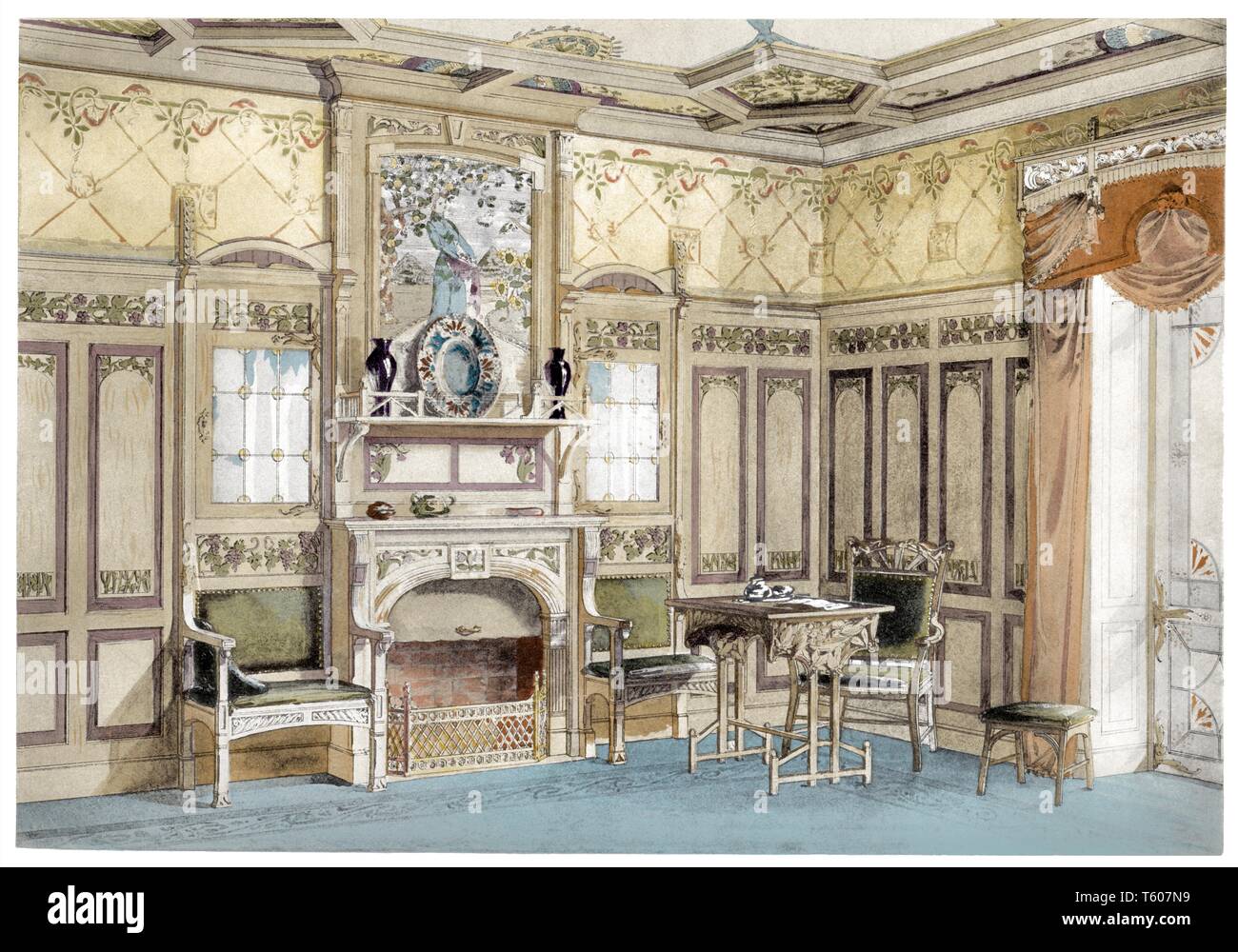 Lounge, in der Perspektive Übersicht. Vintage Art Nouveau Abbildung durch ein modernes Interieur 1900 Stockfoto