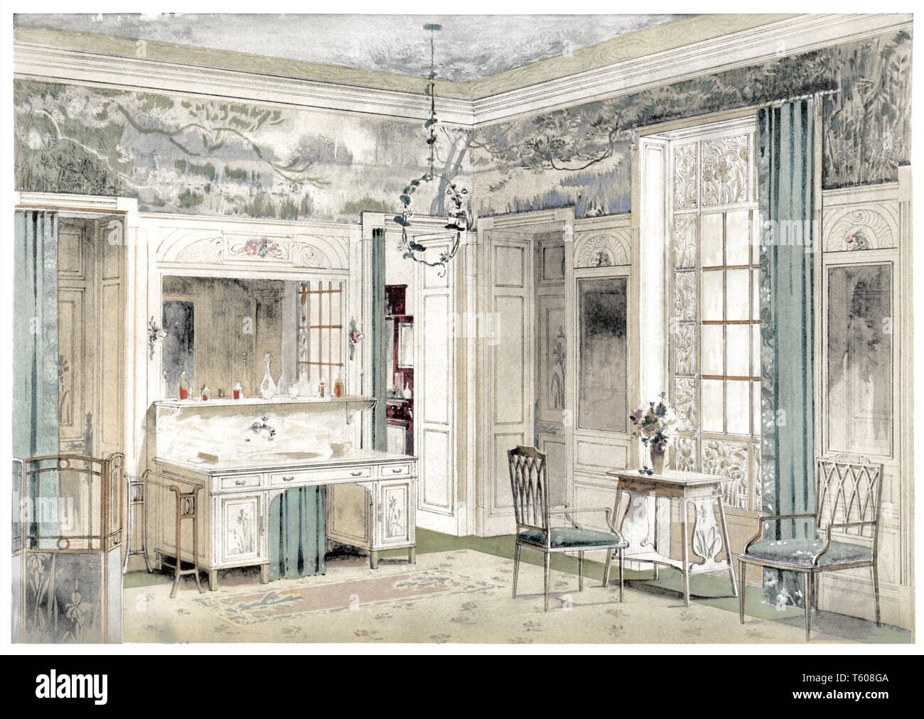 Badezimmer, in der Perspektive Übersicht. Vintage Art Nouveau Abbildung durch ein modernes Interieur 1900 Stockfoto