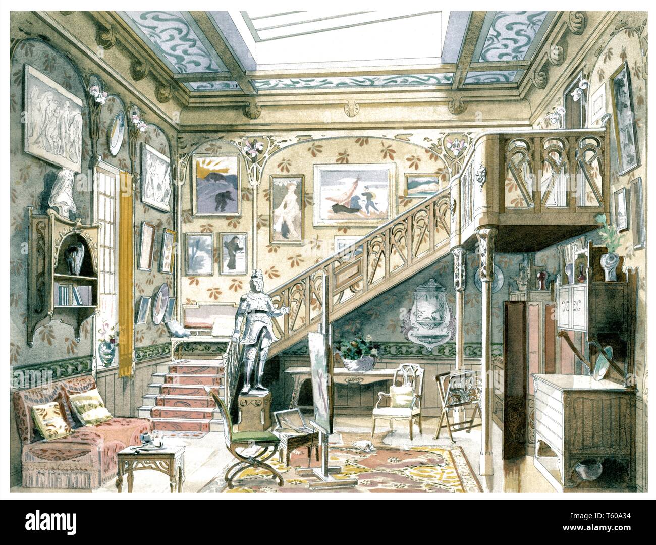 Studio, in der Perspektive Übersicht. Vintage Art Nouveau Abbildung durch ein modernes Interieur 1900 Stockfoto