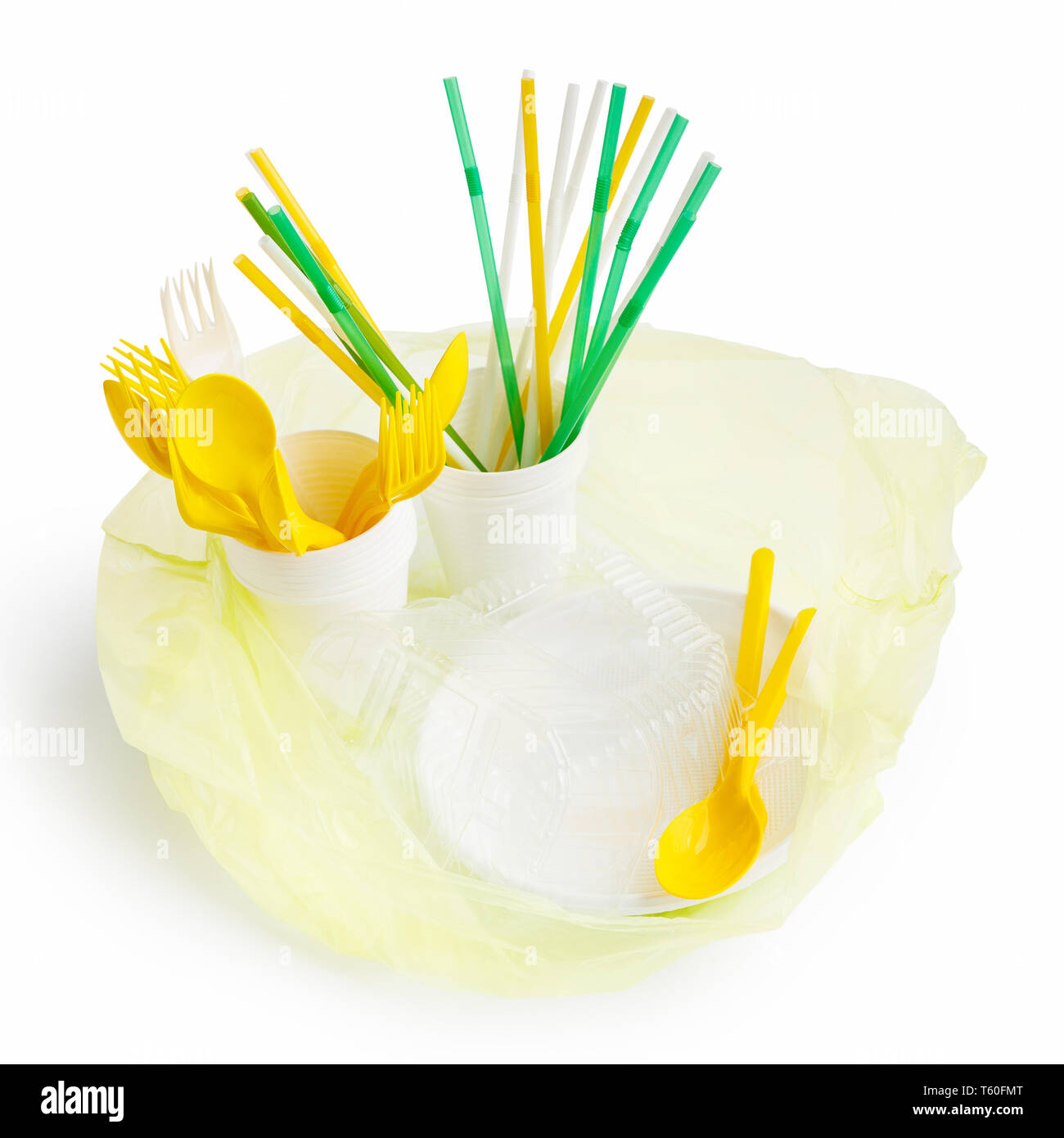 Plastikbeutel mit plastikbesteck Stockfoto