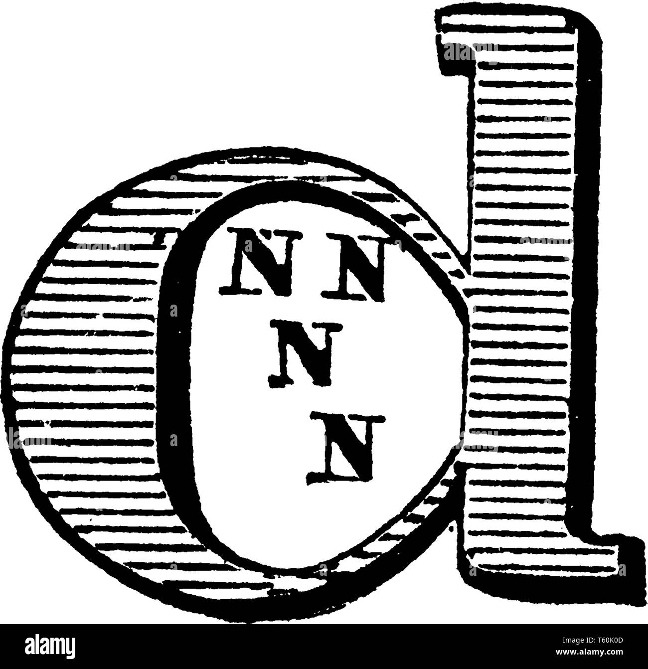 Eine dekorative Buchstaben d mit Linien innerhalb, vintage Strichzeichnung oder Gravur Abbildung Stock Vektor