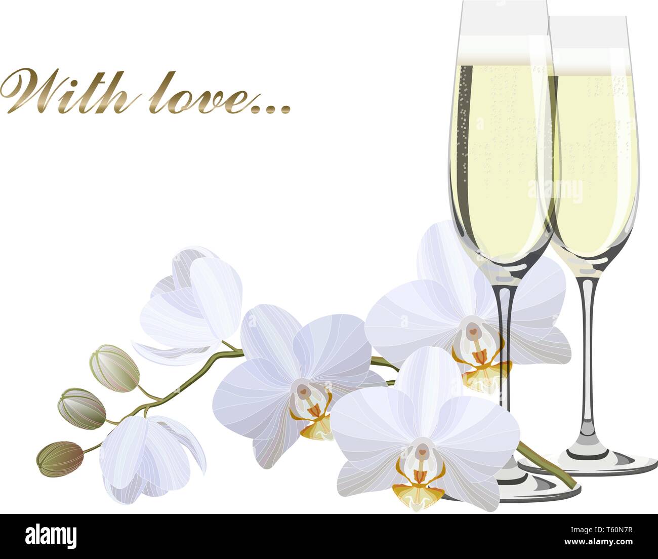 Zwei sektgläser und ein Zweig der weißen Orchideen Stock Vektor