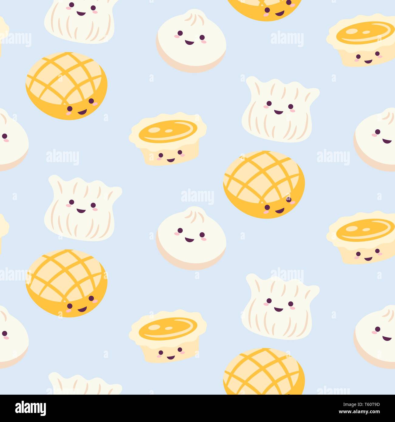 Chinesische Küche Cartoon Stil essen Muster Vektor mit ei-Tarte und Dim Sum hellblau hinterlegt. Stock Vektor