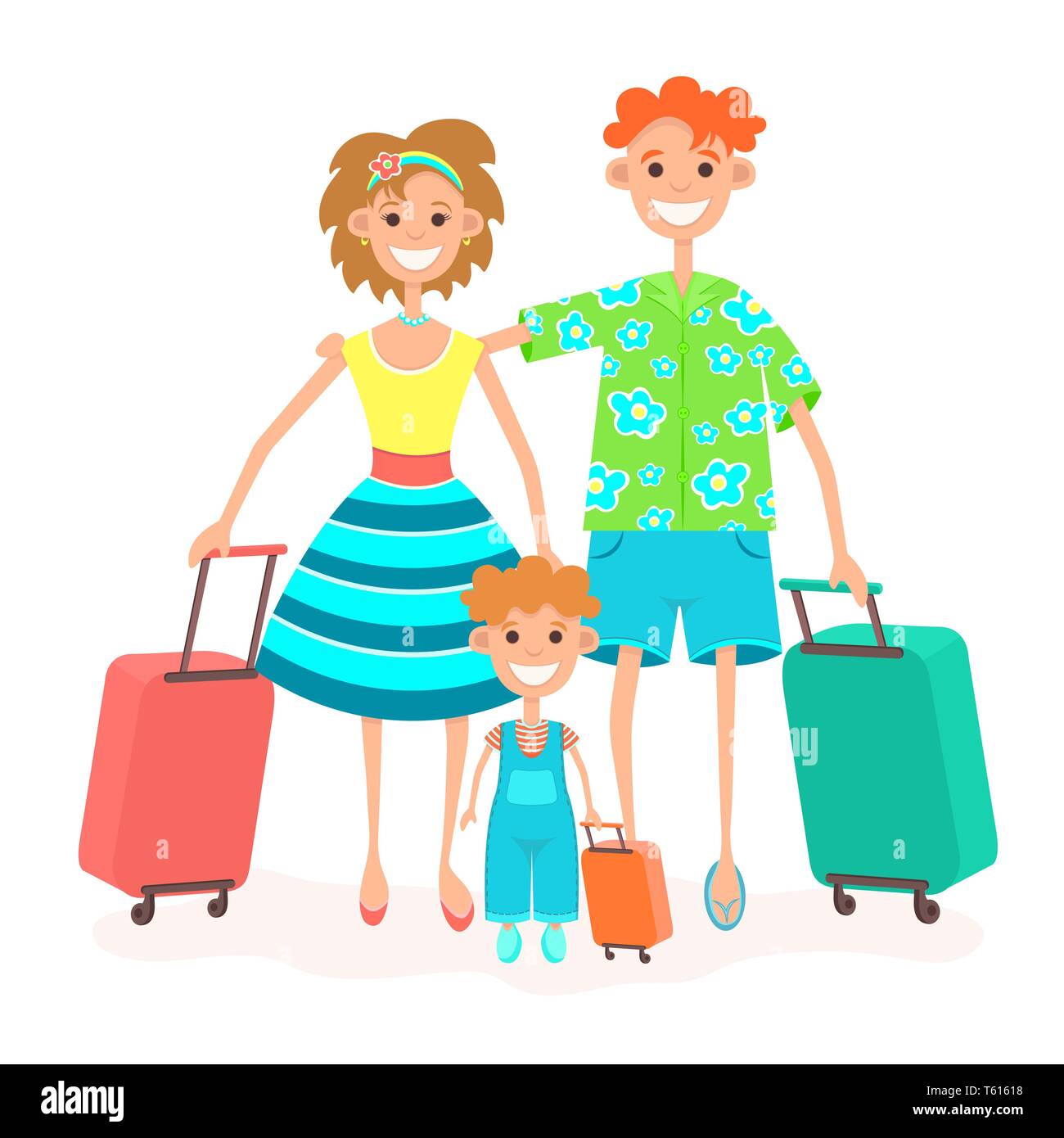 Familie geht auf Urlaub, bunte Zeichnung. Zeichentrickfigur Vater, Mutter und Kind mit Koffer auf Rädern klicken Sie auf in der reise Reisen urlaub, Isola Stock Vektor