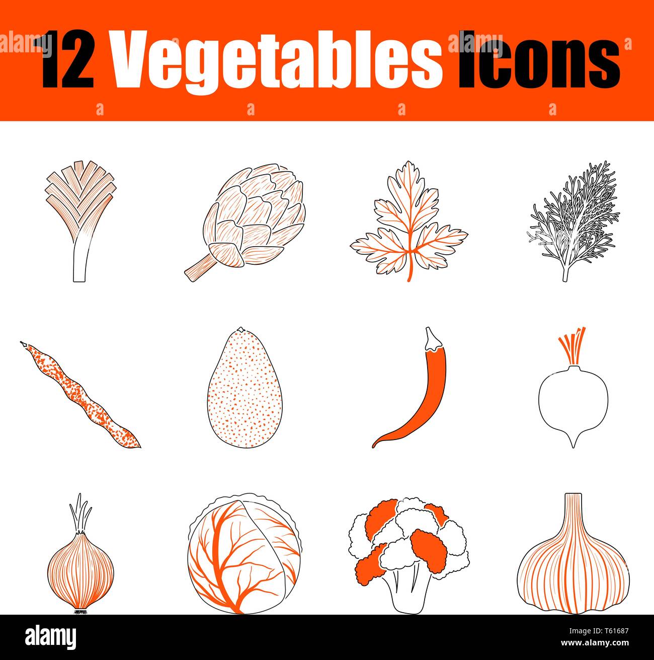 Set mit 12 Symbole auf Gemüse Thema. Dünne Linie mit Orange Design. Voll editierbar Vector Illustration. Text erweitert. Stock Vektor