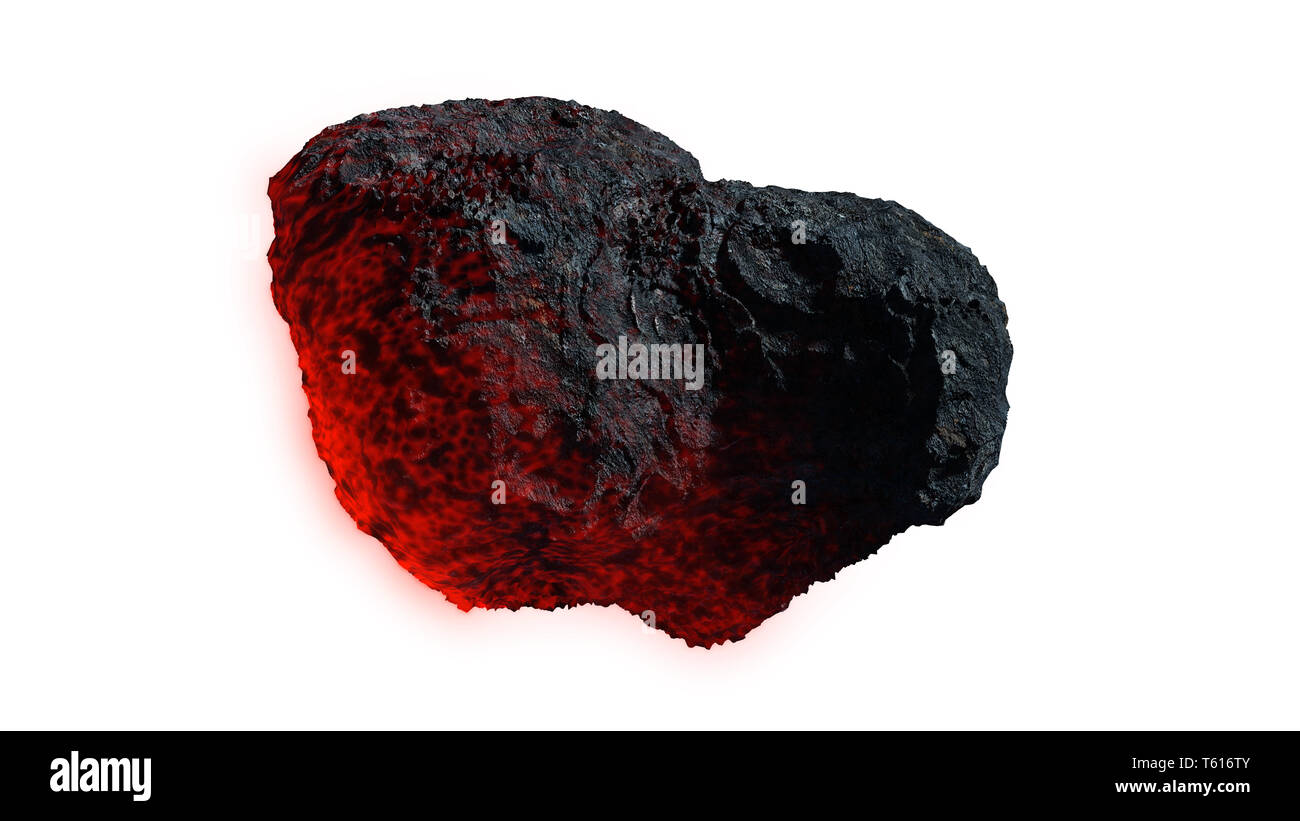 Glühender Meteor auf weißem Hintergrund, Meteorit im Weltraum (3d-science fiction Abbildung) Stockfoto