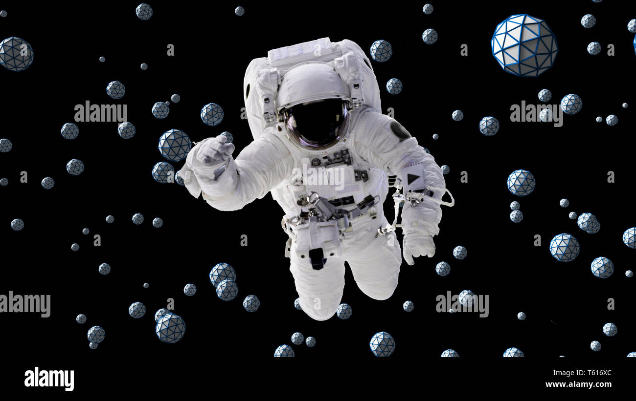 Astronaut zwischen abstrakten geometrischen Objekten mit schwarzem Hintergrund (3D-Illustration, Elemente dieses Bild von der NASA eingerichtet sind Fliegen) Stockfoto