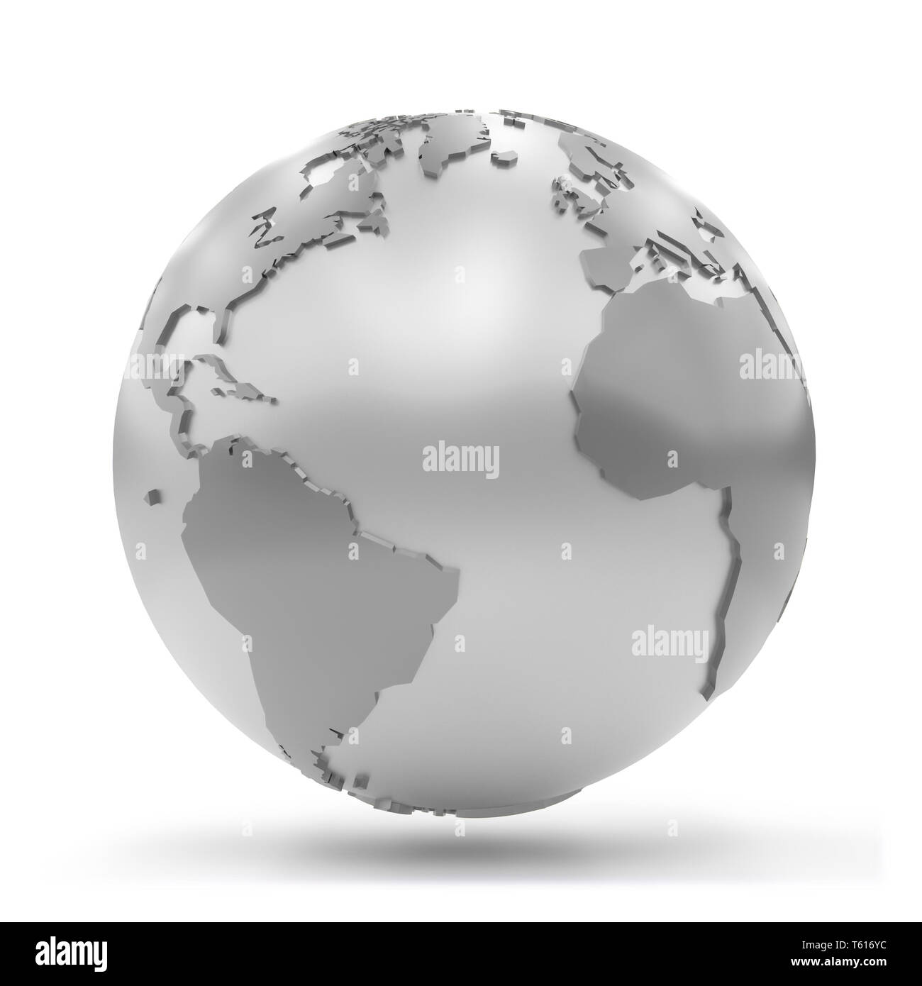 Silbrig Erde Übersicht Afrika, Europa, Nordamerika und Südamerika (3d-Abbildung auf weißem Hintergrund stilisierte) Stockfoto