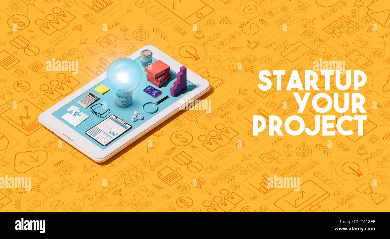 Existenzgründung Projekt starten: Business Management Tools und leuchtet die Glühbirne auf dem Smartphone angezeigt Stockfoto